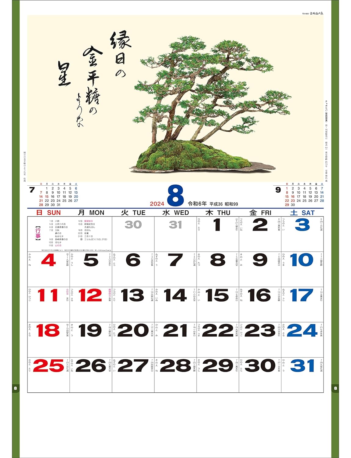 Todan 2024 Wall Calendar Bonsai Masterpiece Collection 60 x 42.5cm TD-665