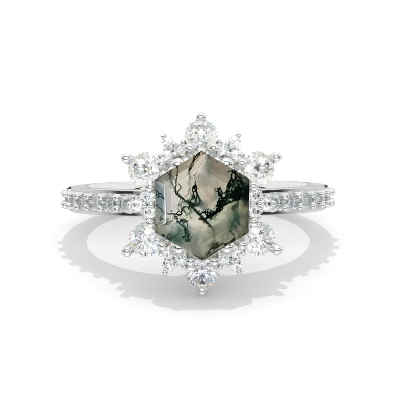3 Carat Hexagon Genuine Moss Agate Snowflake Halo Engagement Ring. Victorian 14K White Gold Ring