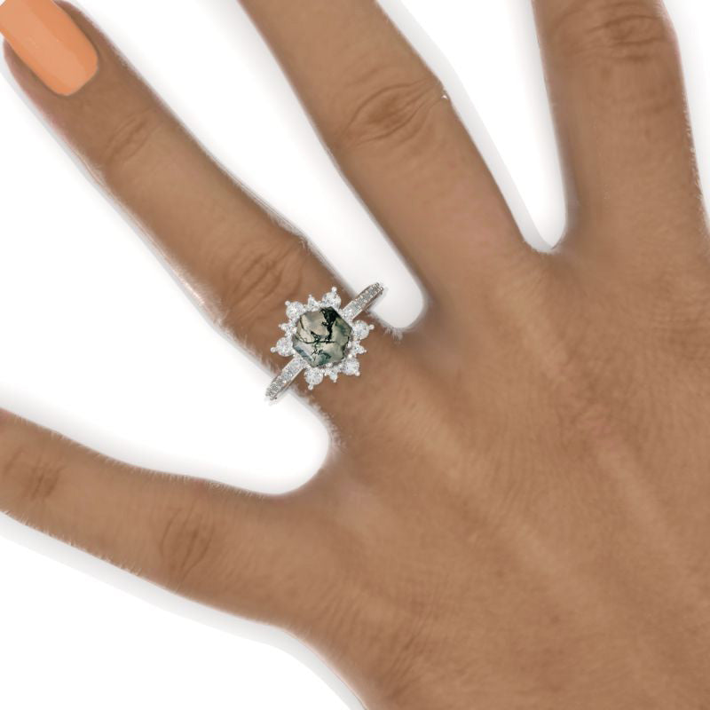 3 Carat Hexagon Genuine Moss Agate Snowflake Halo Engagement Ring. Victorian 14K White Gold Ring