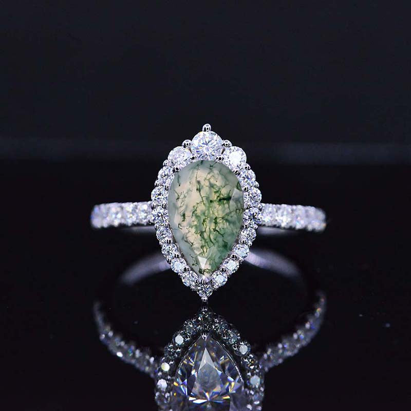14K Solid White Gold 3 Carat Genuine Moss Agate Pear Cut Halo Moss Agate Ring