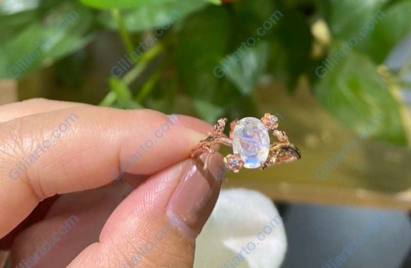 Dainty Natural Moonstone Leaf Ring,  Oval Cut Twig Moonstone Ring, Rose Gold Ring Unique Curved Floral Ring