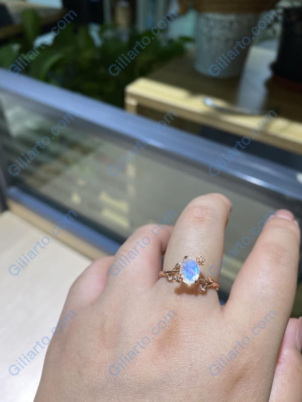 Dainty Natural Moonstone Leaf Ring,  Oval Cut Twig Moonstone Ring, Rose Gold Ring Unique Curved Floral Ring