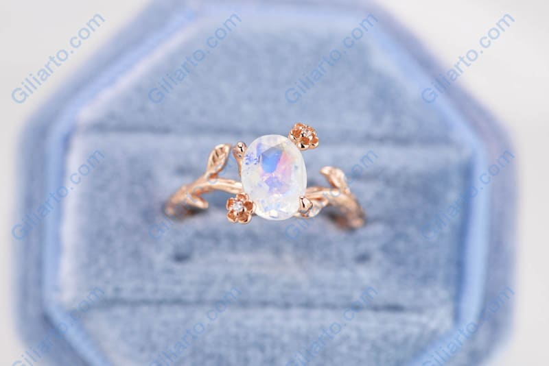 Dainty Natural Moonstone Leaf Ring,  Oval Cut Twig Moonstone Ring, Rose Gold Ring Unique Curved Floral Ring