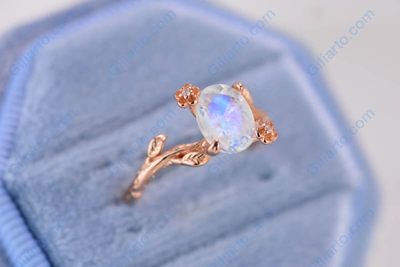 Dainty Natural Moonstone Leaf Ring,  Oval Cut Twig Moonstone Ring, Rose Gold Ring Unique Curved Floral Ring