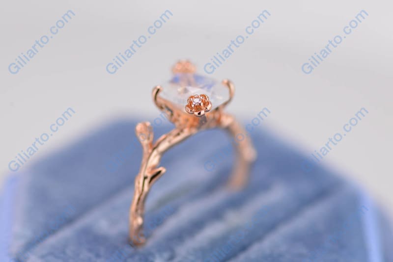 Dainty Natural Moonstone Leaf Ring,  Oval Cut Twig Moonstone Ring, Rose Gold Ring Unique Curved Floral Ring