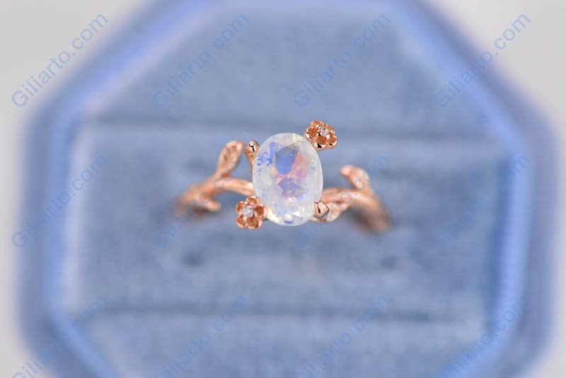 Dainty Natural Moonstone Leaf Ring,  Oval Cut Twig Moonstone Ring, Rose Gold Ring Unique Curved Floral Ring