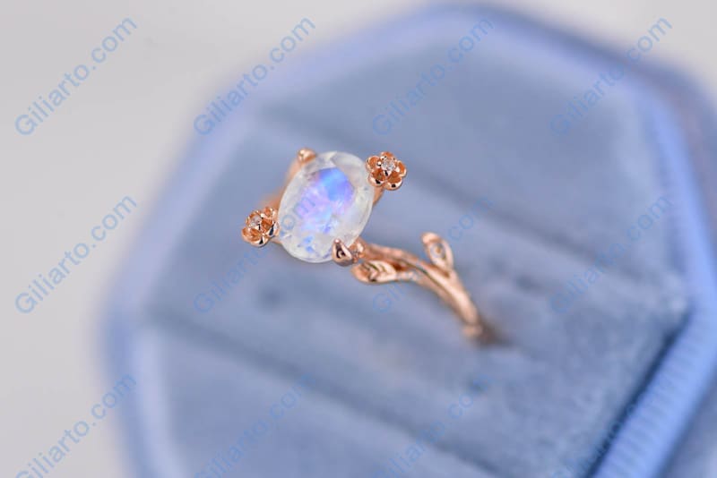 Dainty Natural Moonstone Leaf Ring,  Oval Cut Twig Moonstone Ring, Rose Gold Ring Unique Curved Floral Ring