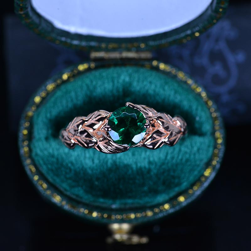 Emerald Leaf Engagement Ring 14K Rose Gold