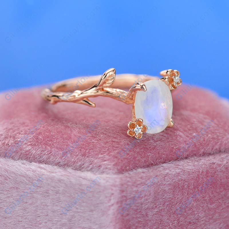 Dainty Natural Moonstone Leaf Ring,  Oval Cut Twig Moonstone Ring, Rose Gold Ring Unique Curved Floral Ring