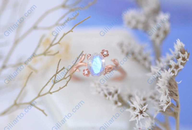 Dainty Natural Moonstone Leaf Ring,  Oval Cut Twig Moonstone Ring, Rose Gold Ring Unique Curved Floral Ring