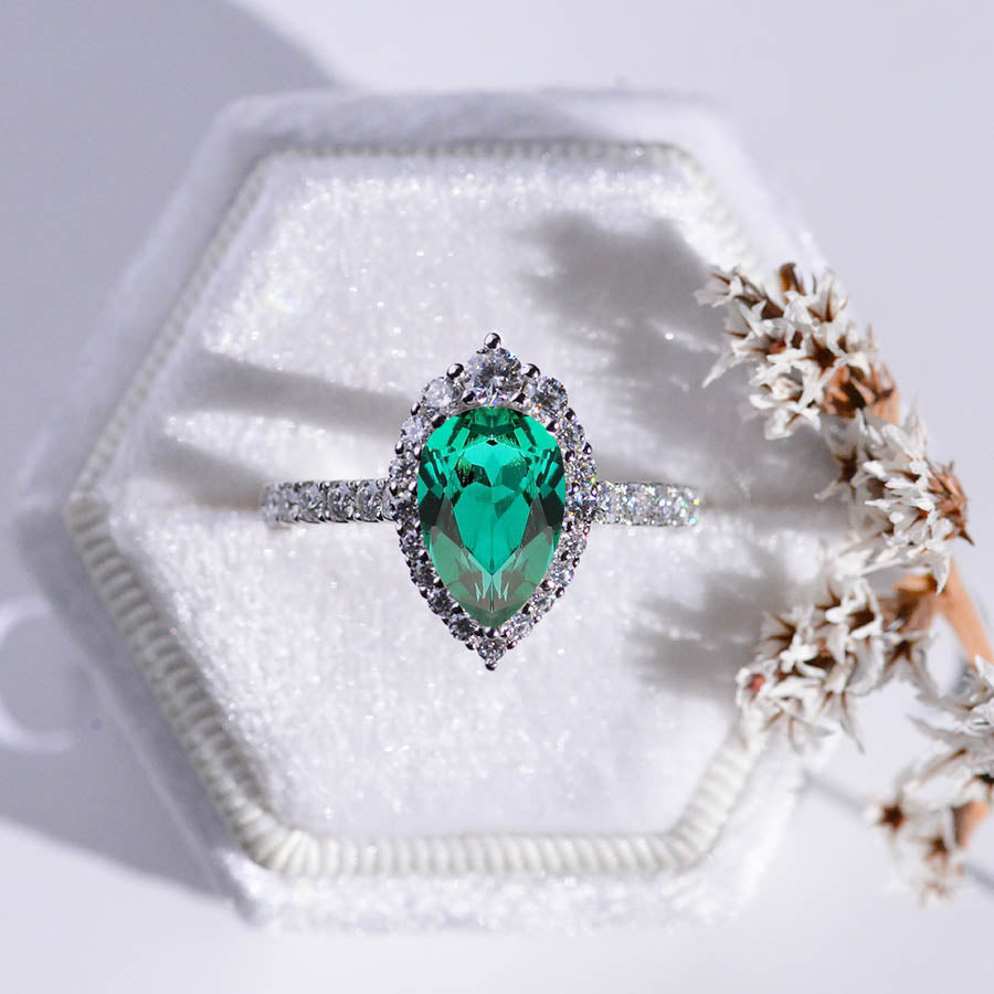 14K Solid White Gold 3 Carat Emerald  Pear Cut Halo Moissanite Ring