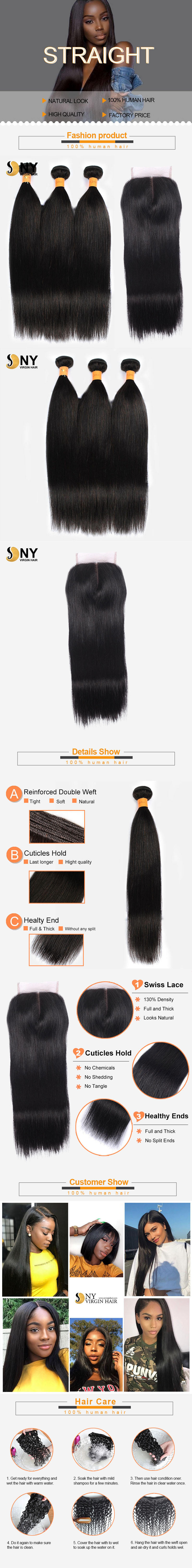 NY Virgin Hair 10a Straight human hair 3 Bundles+4x4 Lace Closure