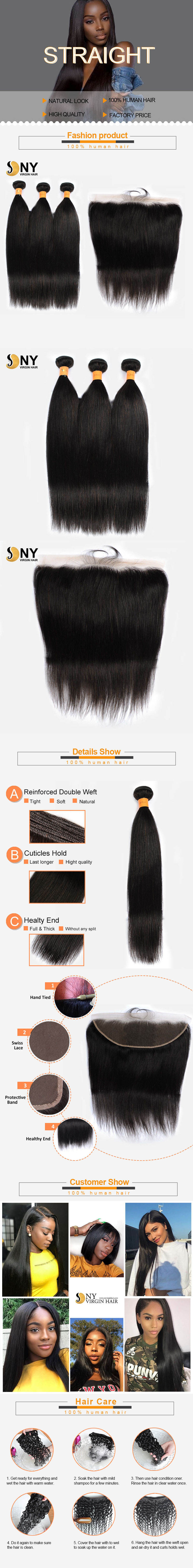 NY Virgin Hair 10a Straight human hair 3 Bundles+13x4 Lace Frontal