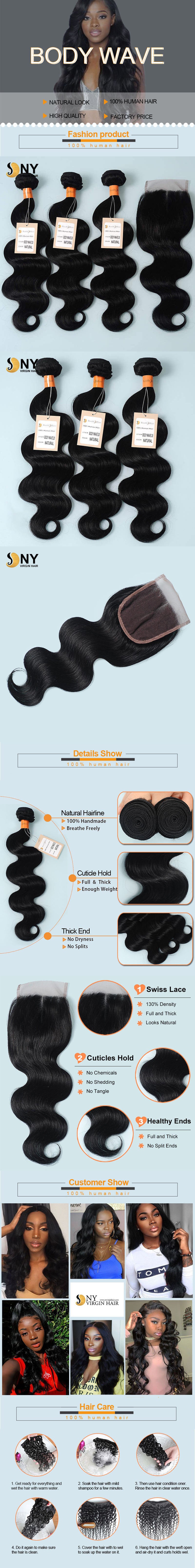 NY Virgin Hair 9a body wave human hair 3 Bundles+4x4 Lace Closure