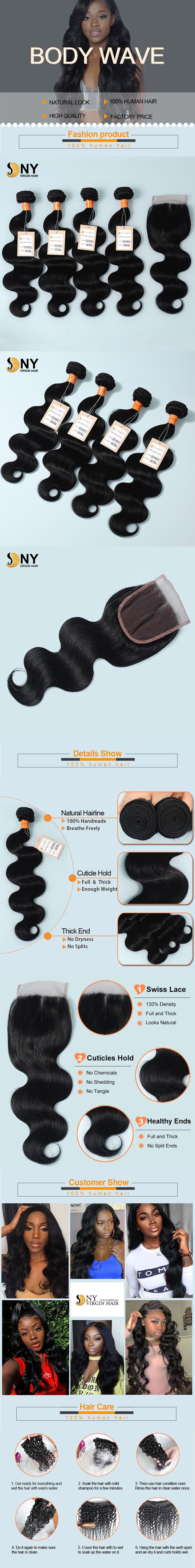 NY Virgin Hair 9a body wave human hair 4 Bundles+4x4 Lace Closure