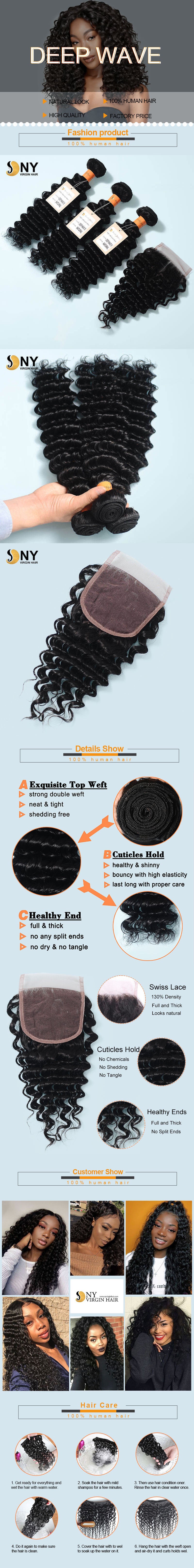 NY Virgin Hair 9a deep wave human hair 3 Bundles+4x4 Lace Closure