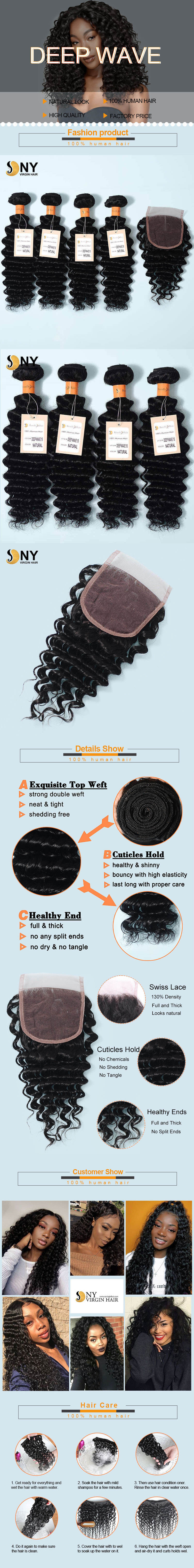 NY Virgin Hair 9a deep wave human hair 3 Bundles+4x4 Lace Closure