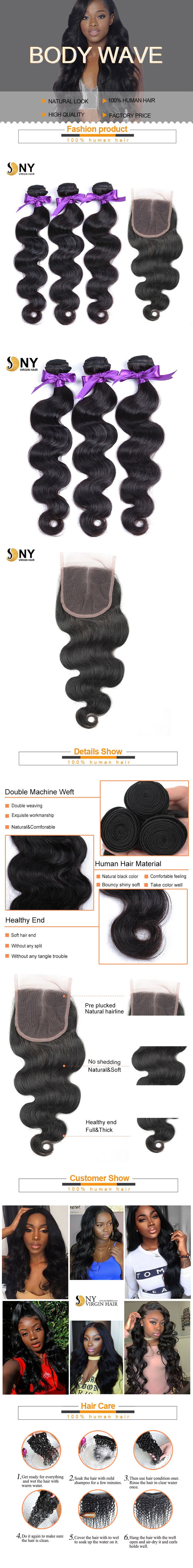 NY Virgin Hair 8a body wave human hair 3 Bundles+4x4 Lace Closure