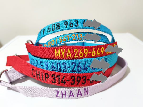 Dog collar embroidered with name and phone