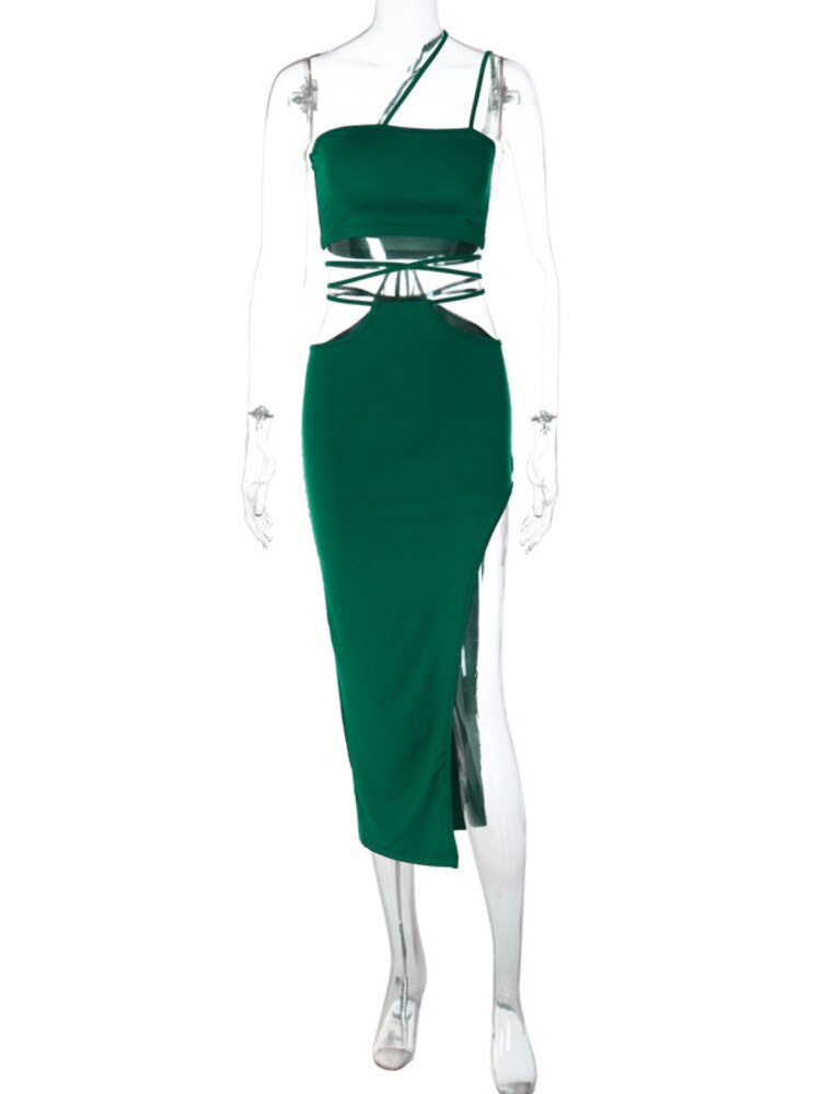 Oblique Shoulder Strap Crop Top and Split Skirt Dress