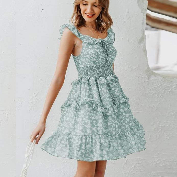 Boho Floral Print High-Waist Sleeveless Ruffled Sundress