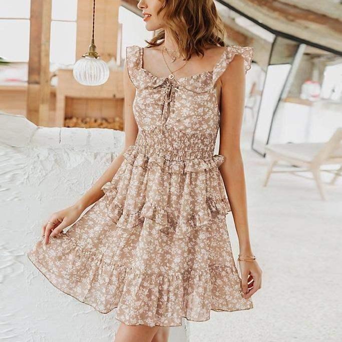 Boho Floral Print High-Waist Sleeveless Ruffled Sundress