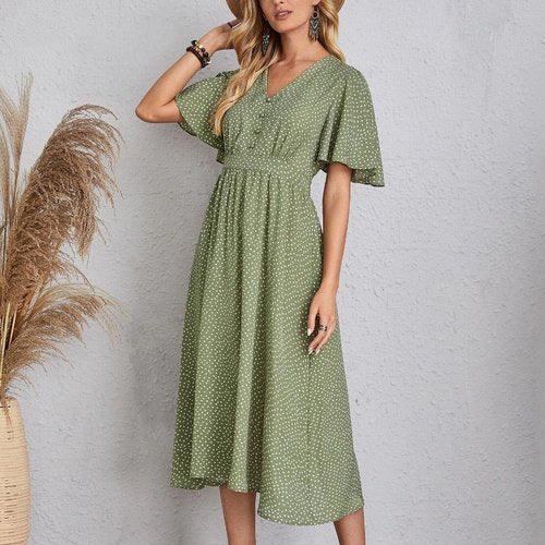 Boho Polka Dot Print V-Neck A-Line Midi Dress