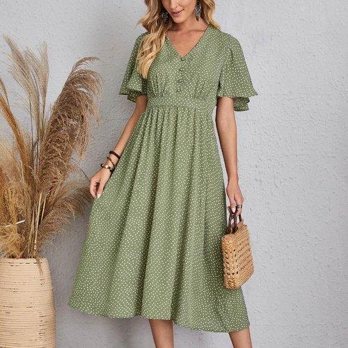 Boho Polka Dot Print V-Neck A-Line Midi Dress