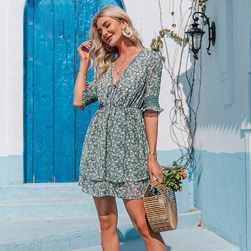 Casual Floral Printed Chiffon V-Neck Short Sleeve Mini Dress