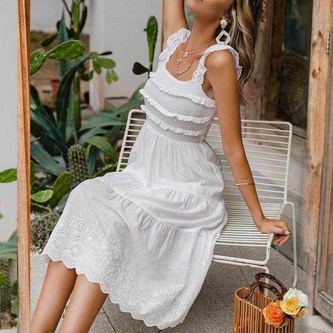 Elegant Ruffled Sleeveless High-Waist A-Line Midi Sundress