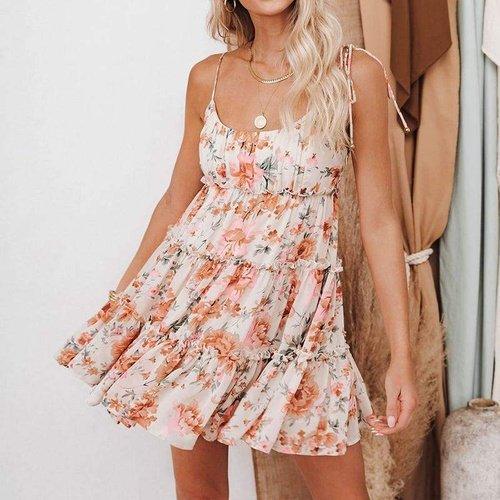 Chiffon Spaghetti Strap Boho Floral Printed Party Mini Dress