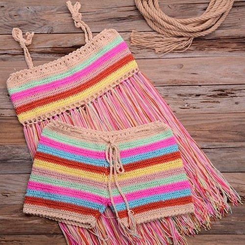 Colorful Tassel High Waist Crochet Bikini Bathing Suit