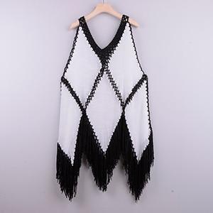 Fashion Wave Print Fringed Suspender Beach Dress Cover Up