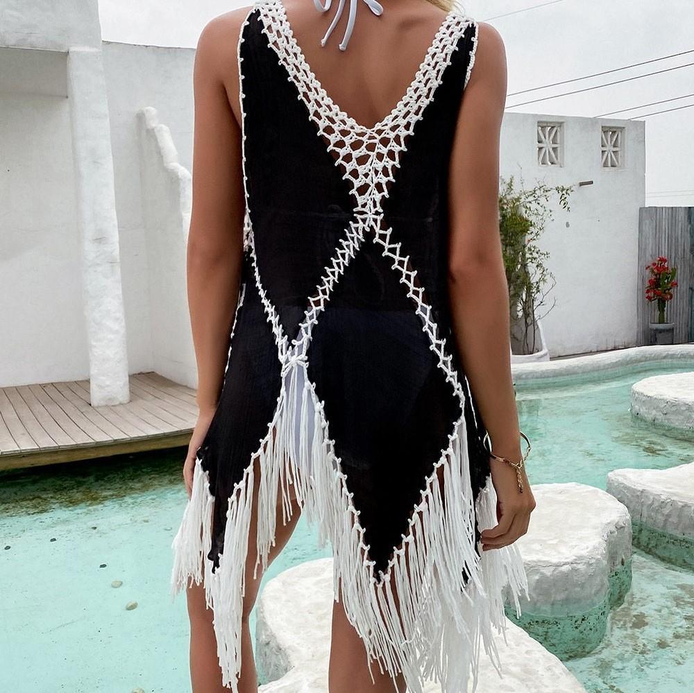 Fashion Wave Print Fringed Suspender Beach Dress Cover Up
