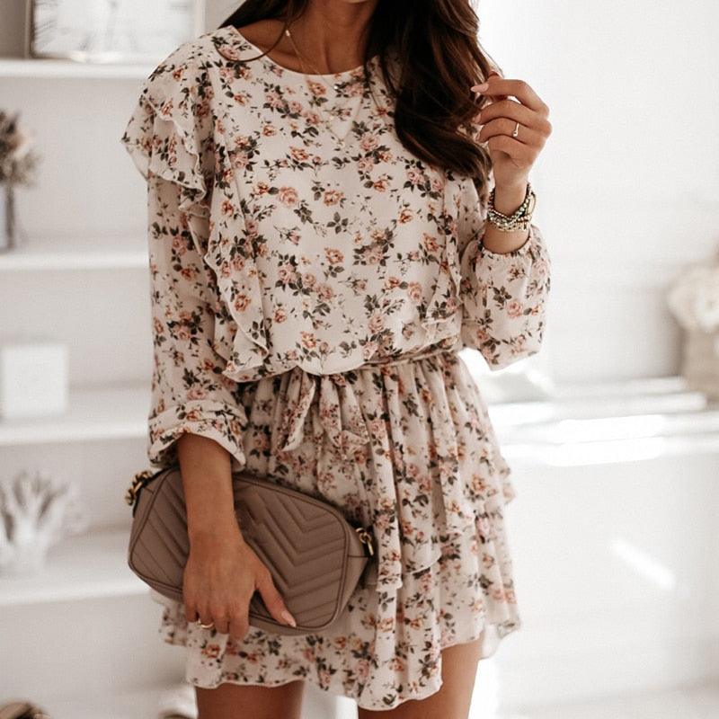 Floral A-Line Cascading Boho Long Sleeve Ruffle Short Dress