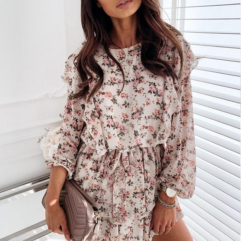 Floral A-Line Cascading Boho Long Sleeve Ruffle Short Dress