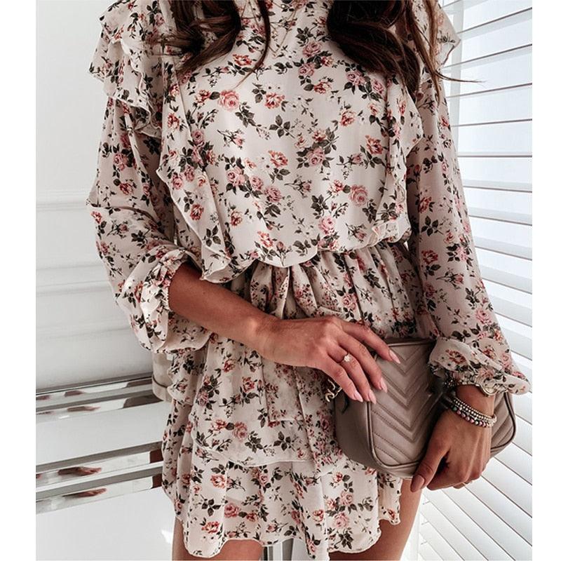 Floral A-Line Cascading Boho Long Sleeve Ruffle Short Dress