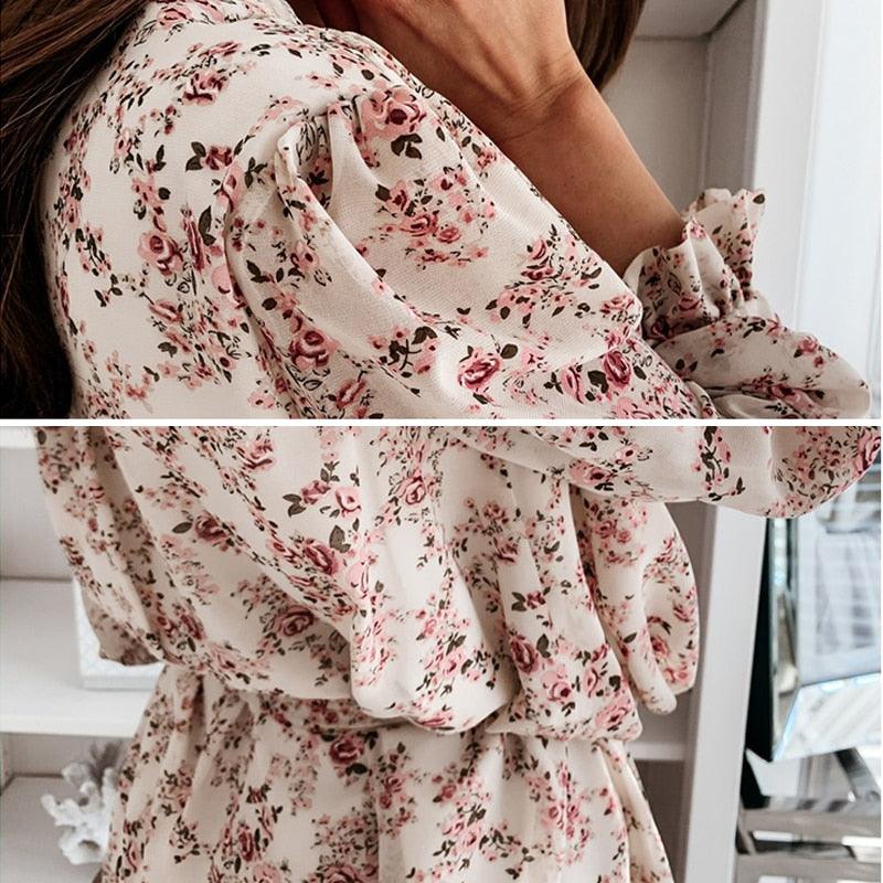 Floral A-Line Cascading Boho Long Sleeve Ruffle Short Dress