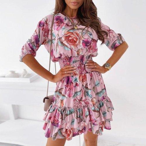 Cascaded Ruffle Floral Print A-Line Half Sleeve Mini Dress