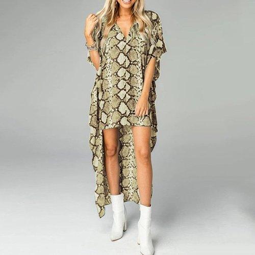 High Low Robe V-Neck Short Sleeves Snake Printed Mini Dress