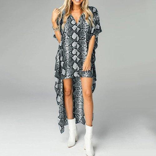 High Low Robe V-Neck Short Sleeves Snake Printed Mini Dress