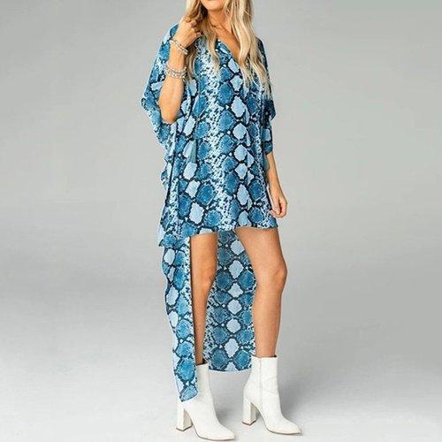 High Low Robe V-Neck Short Sleeves Snake Printed Mini Dress