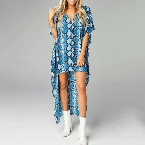 High Low Robe V-Neck Short Sleeves Snake Printed Mini Dress