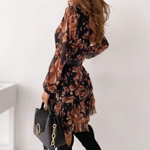 Ruffle V-Neck Floral Long Sleeve A-Line Chiffon Short Dress