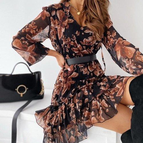 Ruffle V-Neck Floral Long Sleeve A-Line Chiffon Short Dress