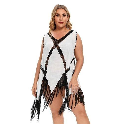 Plus Size Crochet Tassel V-Neck Beach Cover Up