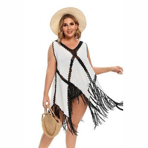 Plus Size Crochet Tassel V-Neck Beach Cover Up