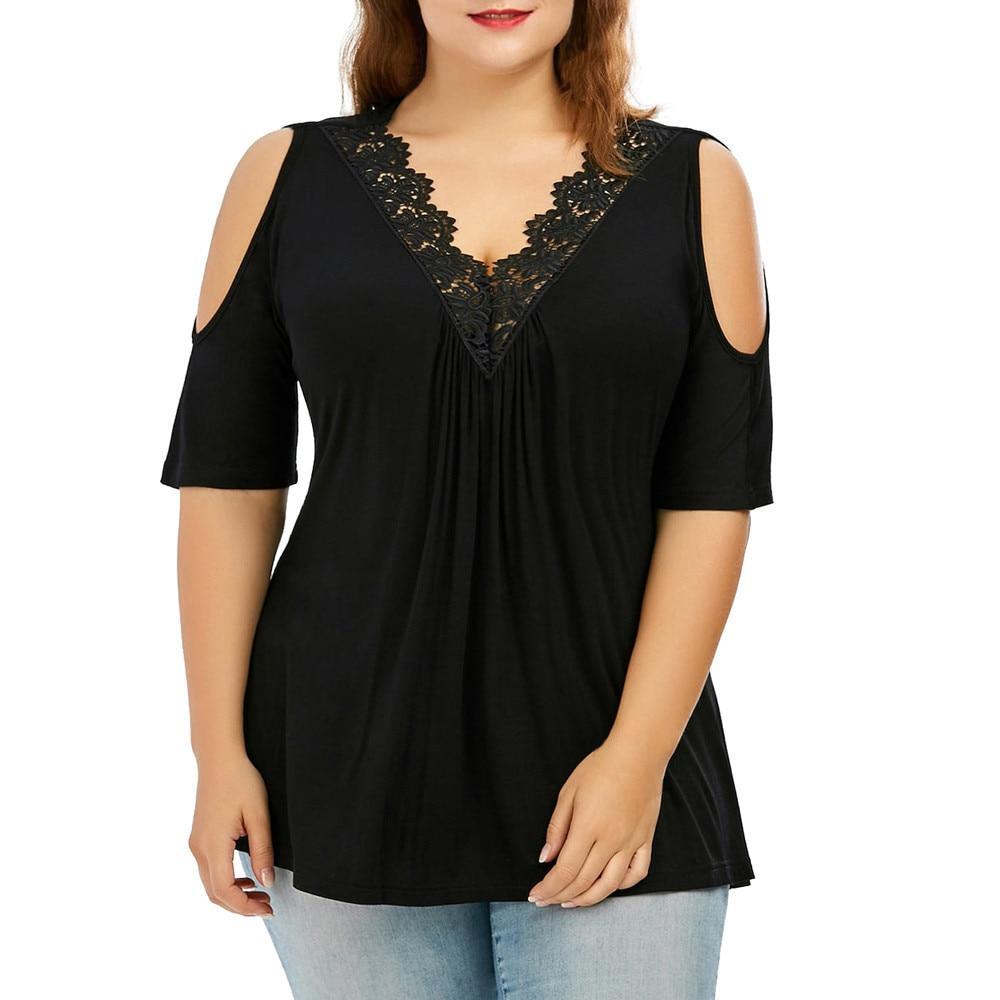 Plus Size Lace Trim V-Neck Loose Cold Shoulder Top