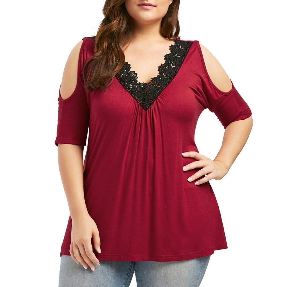 Plus Size Lace Trim V-Neck Loose Cold Shoulder Top