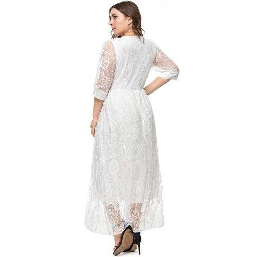 Plus Size Lace V-Neck Half Sleeves Lace Floral Maxi Dress